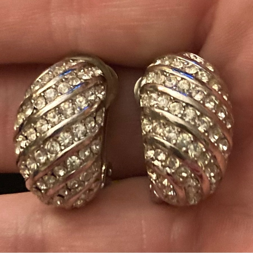 CHRISTIAN DIOR Vintage Silver Crystal Huggie Hoop Clip-On Earrings